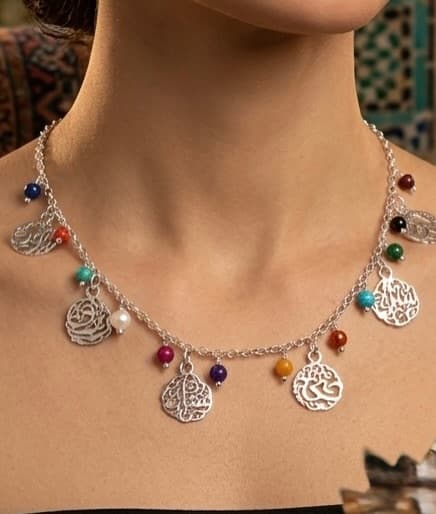 Calligraphy charm necklace with chakra beads